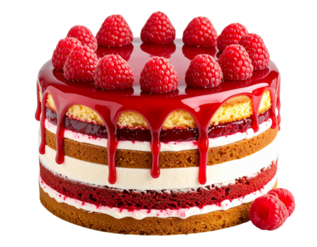 Stacked Raspberry Layer Cake with Cream Filling and Red Glaze, Side View, isolated on transparent background PNG