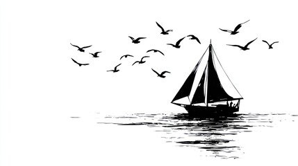 Sailboat silhouette on water with seabirds flying above, black and white stark landscape