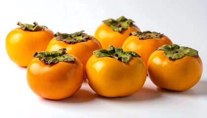 Eight ripe, orange persimmons clustered on a white background
