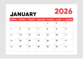 January 2026 Calendar Template, Minimalist, Modern Monthly Planner