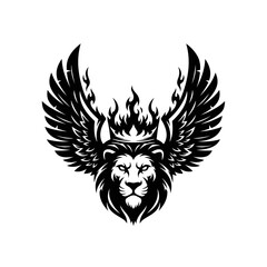 Winged Lion Head with Crown and Flames Black Silhouette