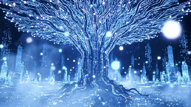 A luminous, intricately detailed digital tree symbolizes growth and technology against a dark background, presented with soft, dreamlike lighting and a shallow depth of field, creating an ethereal