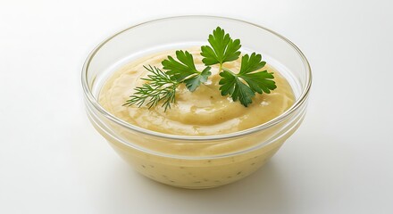 Creamy soup in glass bowl garnished with fresh green herbs on white background