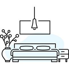 Minimalist Bedroom Interior With Bed Outline Against Black Background