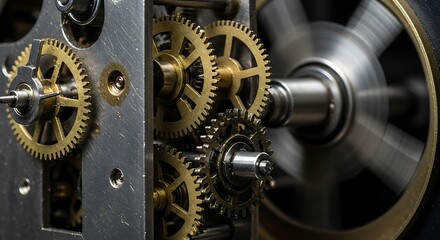 Fototapeta premium Intricate Brass Gears in Motion Close Up
