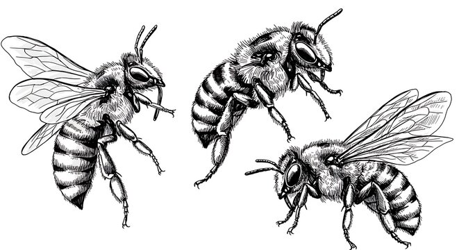 Detailed illustration of honeybees in flight black and white sketch style