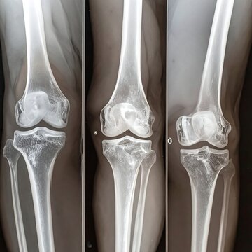 Triptych of grayscale knee X-rays showing bone structure and potential degenerative changes