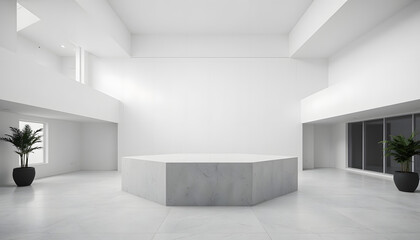 Modern minimalist indoor space with plants and white walls 