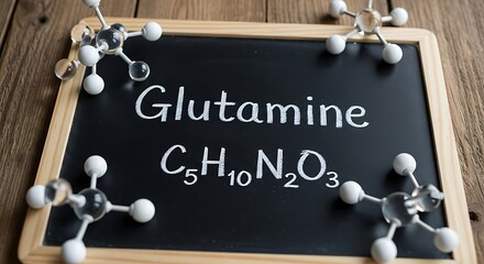 Glutamine molecule and chemical formula c5h10n2o3 written on a blackboard with wooden background