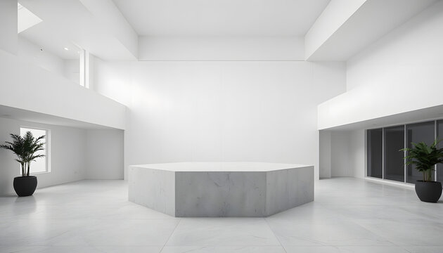 Modern minimalist indoor space with plants and white walls  