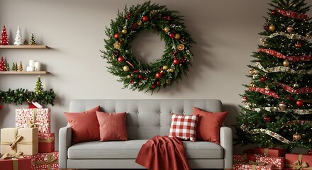Festive christmas living room with decorated tree and wreath