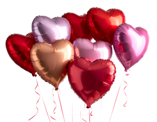 Glossy 3D Heart Balloons Floating with Ribbons, Metallic Shiny Romantic Decorations for Valentine’s Day, Party or Wedding Celebration, Isolated on Transparent Background, PNG