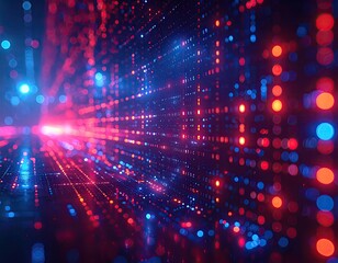 Naklejka premium Abstract grid of red and blue glowing lights in perspective