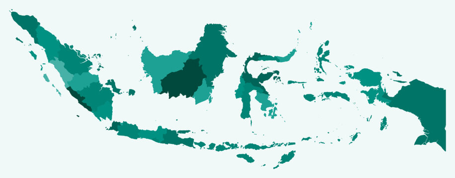 Map of Indonesia with regions. Just a simple country border map with region division. Teal color palette. Flat Indonesia shape with administrative division. Vector illustration.