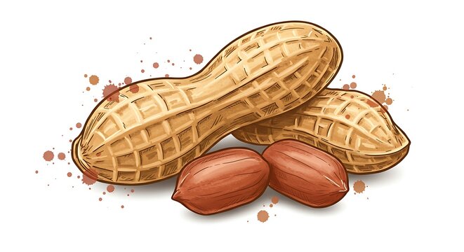 Detailed illustration of peanuts with shell and nuts on white background