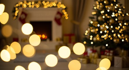 Festive christmas scene with decorated tree and blurred lights background