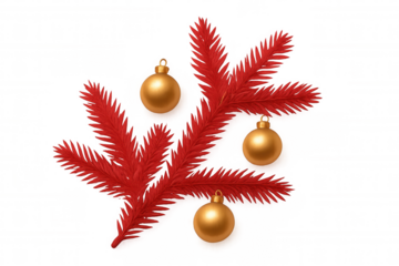 Red fir branches with golden baubles, christmas decorations for holiday celebration, transparent background