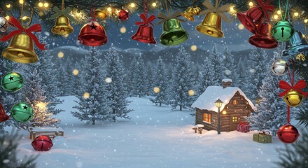 Festive christmas scene with snow covered cabin and hanging decorations