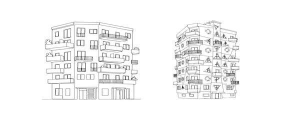 Naklejka premium Architectural Line Art of Apartment Buildings with Balconies in Minimalist Style Illustration