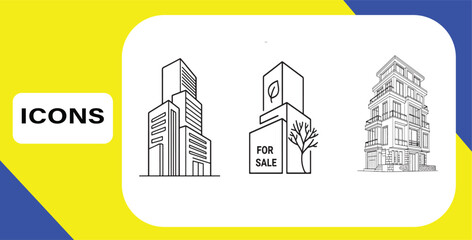 Architectural Icons Collection Featuring Modern Buildings and Real Estate Concepts for Design Projects