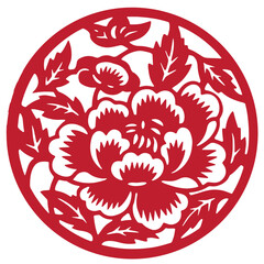 Oriental floral vector art of peony blossom in red paper cutting pattern round motif representing fortune happiness and elegant festive decoration