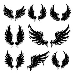 Collection of Black Angel Wings with Dripping Ink