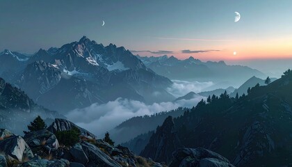 Mountain range vista with multiple moons over fog banks