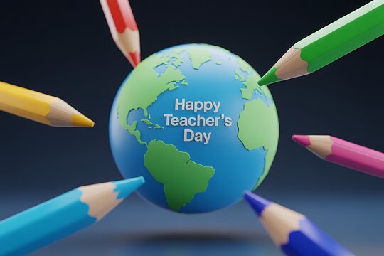 Happy Teacher's Day message on globe surrounded by colorful pencils, perfect for educational designs and celebrating educators worldwide