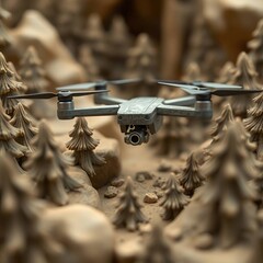 Drone flying rocky terrain with forest.