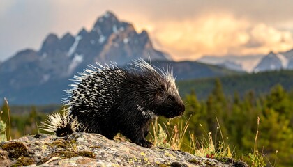 North American porcupine on rocky outcrop, mountains at sunset