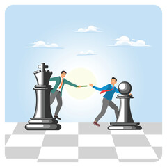 Succession planning concept. A businessman boss on a chessboard hands over a king to his successor.