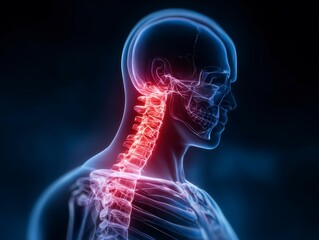 Detailed 3D Rendering of Human Neck and Shoulder Anatomy with Luminous Spine Visualization