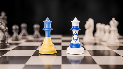 Geopolitical Strategy Concept: Ukraine and Israel Represented as Opposing Queens via Their Flags on a Chessboard