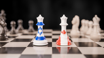 Geopolitical Strategy Concept: Israel and Canada Represented as Opposing Queens via Their Flags on a Chessboard