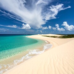 Obraz premium Tranquil beach scene; turquoise water laps a crescent of white sand, framed by a dramatic sky