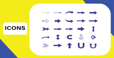 Diverse set of arrow icons in blue on vibrant yellow and white background for graphic design