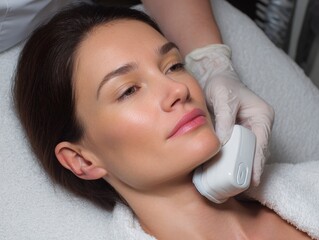 Woman Receiving Ultrasound Treatment on Neck for Non-Invasive Skin Care and Rejuvenation in Clinic