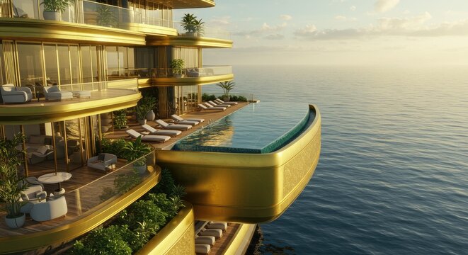 Luxurious Golden Building with Infinity Pool Overlooking Ocean