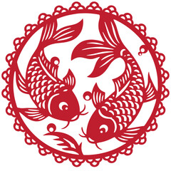 Traditional Chinese paper cut style illustration of two koi fish in a circular mandala pattern for luck, prosperity and feng shui decoration