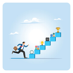 Motivation to succeed concept. Businessman Running Up Staircase Of Progress.
