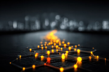Digital Pathway: A glowing network of interconnected nodes forms a radiant path leading towards a blurred cityscape, symbolizing progress, connectivity, and the digital landscape. 