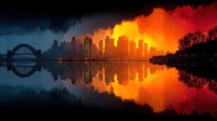 Dual Cityscape: The breathtaking city skyline mirror in water, creates a stunning reflection of both urban life and the natural world, encapsulating the intersection of progress and tranquility.