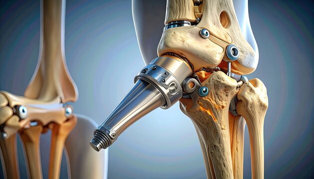 Close-up of a robotic prosthetic ankle joint attached to a human leg's bones.  3D medical illustration