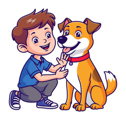 Affectionate boy petting orange and white dog, perfect for petrelated posters, animal care articles, kids book illustrations, and social media posts.