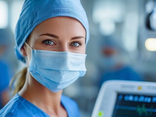 Nurse Wearing Surgical Mask and Cap in Medical Environment Focusing on Patient Monitoring Equipment