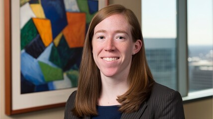 Professional Portrait of a Business Woman in a Modern Office Setting Against Abstract Art Background