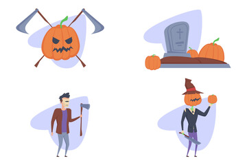 Collection of Halloween themed visuals showing pumpkin with sinister face, graveyard scene with pumpkins, and characters holding axe and knife, creating festive atmosphere