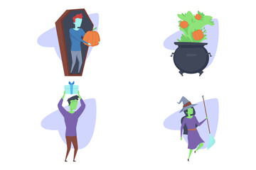 Festive Halloween collection with character holding pumpkin, witch with broom, man lifting gift, and cauldron full of pumpkins