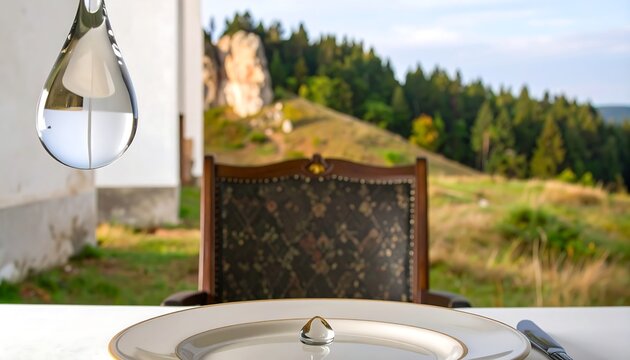 Crystal teardrop, chair, landscape, plate