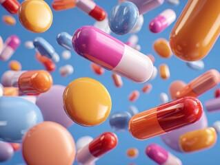 Vibrant and Floating Pharmaceutical Pills and Capsules in a Colorful Abstract Background